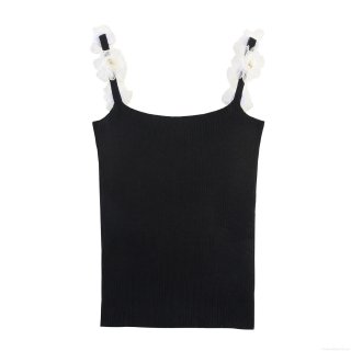 Women's Chic Knitted Camisole With 3D Mesh Flower Straps Polyester Ribbed Slim Fit Tank Top For Party Streetwear Summer Autumn Elegant Vest
