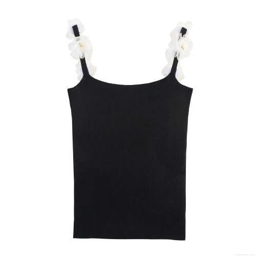 Women's Chic Knitted Camisole With 3D Mesh Flower Straps Polyester Ribbed Slim Fit Tank Top For Party Streetwear Summer Autumn Elegant Vest