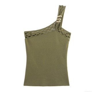 Women's Sexy One-Shoulder Knit Camisole Top Ribbed Hollow Out Vest With Metal Ring Slim Fit Streetwear Sleeveless Tank Top Olive Green