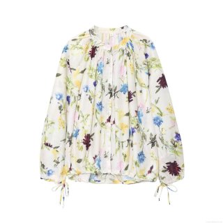Women Floral Print Blouse Long Sleeve Round Neck Drawstring Loose Fit Casual Tops Elegant Polyester Shirt For Autumn Spring Lady Fashion