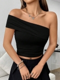 Women Sexy One Shoulder Crop Top Polyester Spandex Slim Fit Ruched Off-Shoulder Tank Top Elegant Commuter Sleeveless Party Club Top