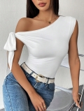 Women One Shoulder T-Shirt Off Shoulder Top Bow Tie Ruched Waist Slim Fit Polyester Elastane Blend Sexy Solid Color Summer Party Clubwear Short Blouse