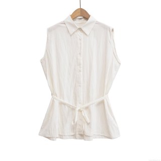 Women's Sleeveless Shirt Lapel Single-Breasted Waist Tie Blouse Autumn Casual Solid Color Polyester Cotton Blend Streetwear Top For Women
