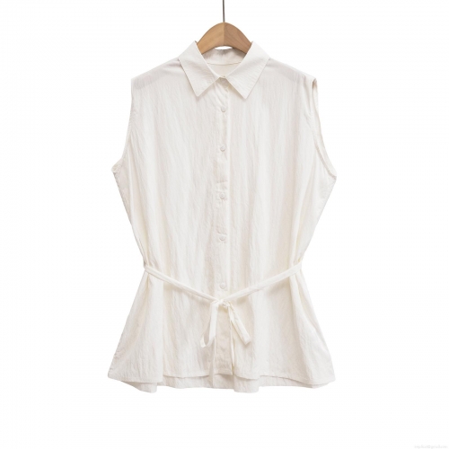 Women's Sleeveless Shirt Lapel Single-Breasted Waist Tie Blouse Autumn Casual Solid Color Polyester Cotton Blend Streetwear Top For Women