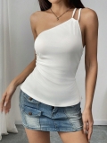 Women Sexy One Shoulder Backless Tie Up Crop Top Solid White Sleeveless Ruched Side Slim Fit T-Shirt For Summer Party Clubwear Fashion