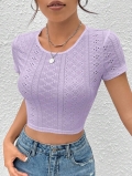 Women Sexy Hollow Out Knit T-Shirt Short Sleeve Round Neck Backless Tie Up Crop Top Polyester Elastane Y2K Summer Streetwear