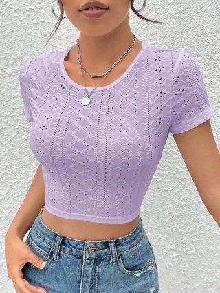 Women Sexy Hollow Out Knit T-Shirt Short Sleeve Round Neck Backless Tie Up Crop Top Polyester Elastane Y2K Summer Streetwear