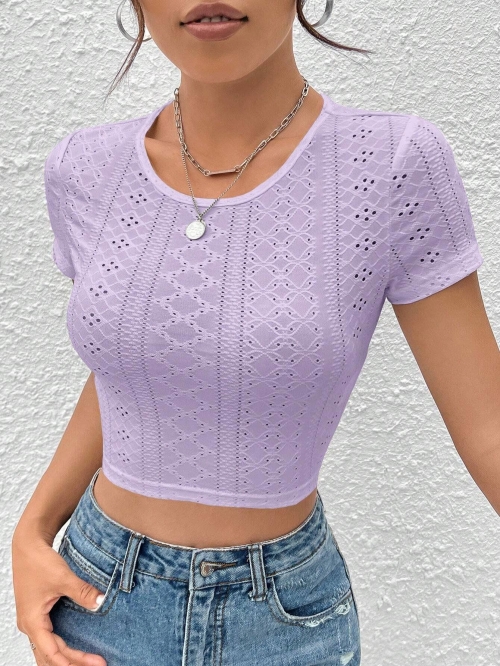 Women Sexy Hollow Out Knit T-Shirt Short Sleeve Round Neck Backless Tie Up Crop Top Polyester Elastane Y2K Summer Streetwear