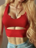 Women's Sexy Red Cutout Crop Tank Top Ribbed Knit Slim Fit Racerback Vest For Summer Party Clubwear Viscose Elastane Sleeveless Chic Midriff Baring Top