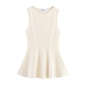 Women's Cable Knit Vest Round Neck Sleeveless Peplum Hem Top Polyester Knitted T-Shirt Solid Color Slim Fit Autumn Streetwear Outfits for Women