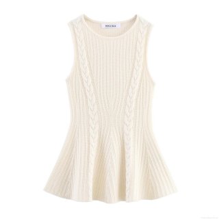 Women's Cable Knit Vest Round Neck Sleeveless Peplum Hem Top Polyester Knitted T-Shirt Solid Color Slim Fit Autumn Streetwear Outfits for Women