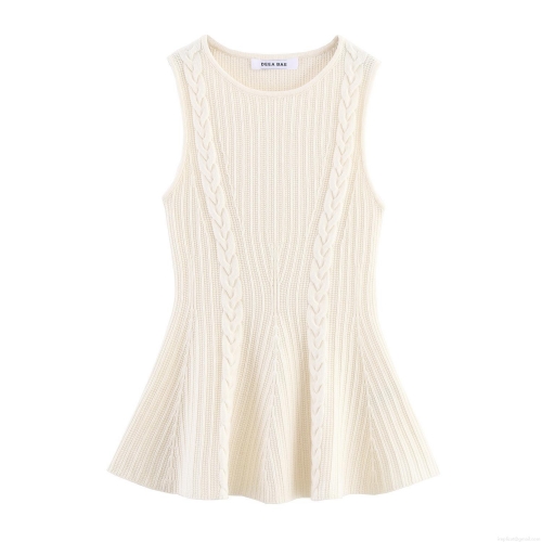 Women's Cable Knit Vest Round Neck Sleeveless Peplum Hem Top Polyester Knitted T-Shirt Solid Color Slim Fit Autumn Streetwear Outfits for Women