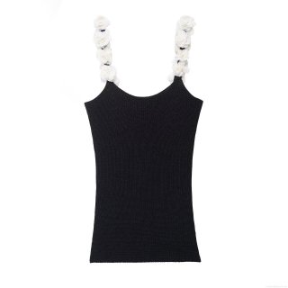 Women's Knit Camisole Top Black Polyester With 3D White Flower Straps Slim Fit Backless Streetwear Sleeveless Short Tank Top For Daily Dating Party Fashion