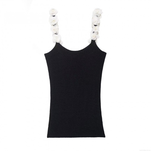 Women's Knit Camisole Top Black Polyester With 3D White Flower Straps Slim Fit Backless Streetwear Sleeveless Short Tank Top For Daily Dating Party Fashion