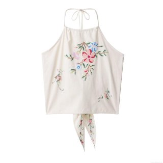 Women Halter Backless Embroidered Camisole Beige Polyester Floral Lace-up Crop Top Summer Streetwear Fashion Western Style Sleeveless Tank Top For Dating Daily