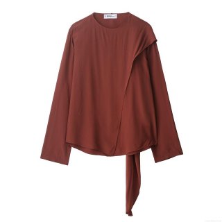 Women's Solid Rust Red Long Sleeve Round Neck Blouse With Asymmetric Draped Hem And Tie Detail Casual Streetwear Polyester Shirt