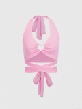 Sexy Pink Halter Neck Crop Top With Heart Metal Buckle Polyester Spandex Backless Wrap Around Waist Tie Vest For Women Summer Party Clubwear
