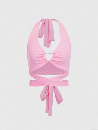 Sexy Pink Halter Neck Crop Top With Heart Metal Buckle Polyester Spandex Backless Wrap Around Waist Tie Vest For Women Summer Party Clubwear