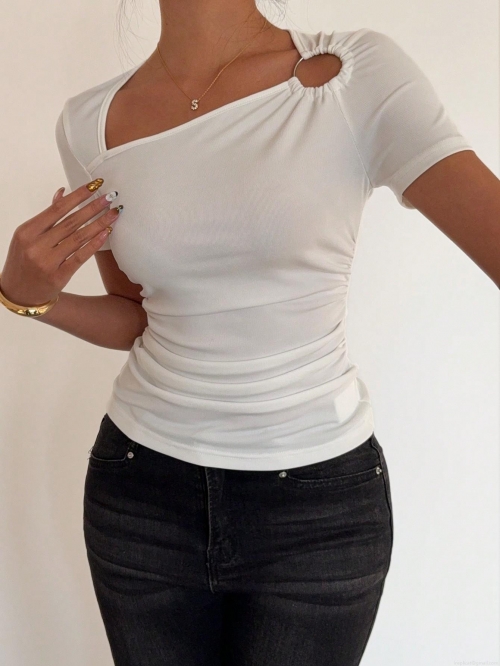 Women Asymmetric Neck Hollow Out Short Sleeve T-Shirt Slim Fit Ribbed Knit Top With Metal Ring Side Ruched Elegant Summer Tee