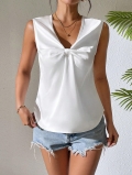 Women Elegant Satin Sleeveless Top With Big Bow Knot Decor V-Neck Slim Fit Silky Polyester Elastane Blouse For Summer Office Party White