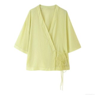 Women's V-Neck Striped Blouse Short Sleeve Drawstring Bow Tie Side Top Western Style Casual Autumn Shirt For Ladies