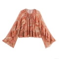 Women's Bohemian Paisley Print Blouse Polyester Chiffon Ruffle Bell Sleeve Tie-Neck Pullover Shirt For Vacation Street Daily Casual Chic Tops