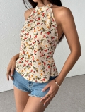 Women Sexy Halter Backless Floral Print T-Shirt Lightweight Polyester Sleeveless Summer Tank Top For Vacation Beach Party Daily Wear