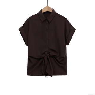 Women's European Style Lapel Long Sleeve Blouse With Knot Front Decoration Solid Color Polyester Casual Shirt Top For Daily Wear Streetwear