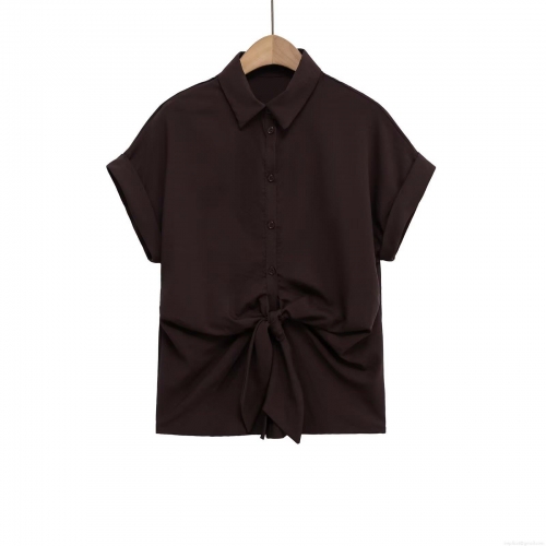 Women's European Style Lapel Long Sleeve Blouse With Knot Front Decoration Solid Color Polyester Casual Shirt Top For Daily Wear Streetwear