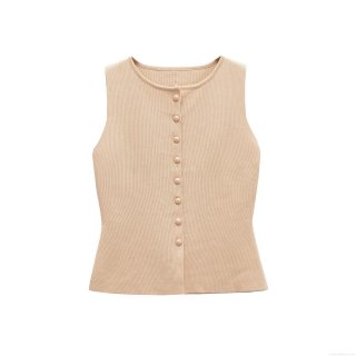 Women's Elegant Rib Knit Sleeveless Tank Top Solid Color Round Neck Single Breasted Vest Casual Streetwear Autumn Top