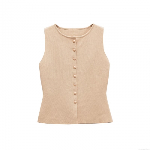 Women's Elegant Rib Knit Sleeveless Tank Top Solid Color Round Neck Single Breasted Vest Casual Streetwear Autumn Top