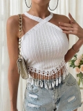 Sexy Women's Halter Neck Knit Crop Top With Fringe Crochet Lace Hem Sleeveless White Cotton Polyester Blend Summer Vest For Beach Vacation Party