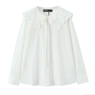 Women's Long Sleeve White Blouse Retro Elegant Ruffle Peter Pan Collar Bow Tie Shirt Solid Color Polyester Top For Daily Commuting Office Lady
