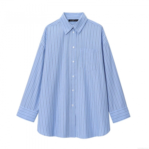 Women's Striped Long Sleeve Shirt 100% Polyester Turn-down Collar Loose Blouse Top With Chest Pocket Casual Streetwear Women Clothing