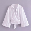 Women's White Cropped Shirt Wrap Tie-Front Long Flare Sleeve Blouse 100% Polyester Turn-Down Collar Streetwear Autumn Fall Tops For Women Daily Wear