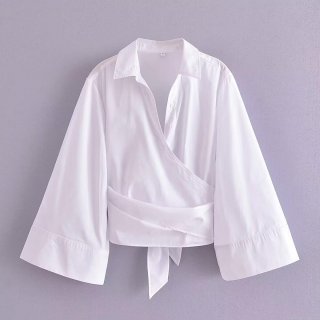 Women's White Cropped Shirt Wrap Tie-Front Long Flare Sleeve Blouse 100% Polyester Turn-Down Collar Streetwear Autumn Fall Tops For Women Daily Wear