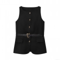Women's Sleeveless Vest Top With Belt Gold Heart Buckle Single Breasted Waistcoat Solid Black Polyester Casual Streetwear Suit Vest For Women