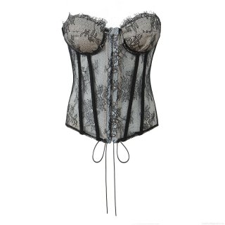 Women Sexy Black Lace Corset Top Vintage Fishbone Bustier With Front Metal Hooks Back Lace-up Mesh Shaping Tank Top For Party Clubwear