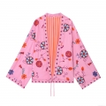 Women's Boho Embroidery Pink Cardigan Shirt Tie-Front Long Bell Sleeve Polyester Blouse Ethnic Floral Geometric Pattern Loose Outwear Streetwear Top