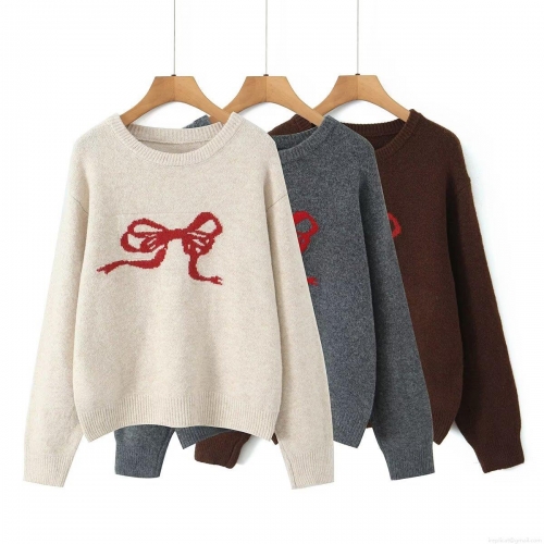 Women's Bow Jacquard Knit Sweater Pullover Crew Neck Long Sleeve Loose Soft Polyester Jumper Top for Autumn Winter Casual Street Style