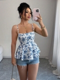 Women's Sexy Blue and White Floral Camisole Peplum Hem Spaghetti Strap Polyester Slim Fit Sexy Sleeveless Top for Summer Vacation Beach