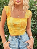 Women Tie Dye Ruched Crop Tank Top Square Neck Sleeveless Slim Fit Summer Beach Vest Top 94% Polyester 6% Spandex Trendy Y2K Sweet Style Cami Top