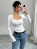 Women's Slim Fit Ruched Long Sleeve T-Shirt 95% Polyester 5% Elastane Elegant Sweetheart Neck Commute Pullover Top Autumn Winter Intellectual Style