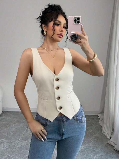 Women's Slim Fit V-Neck Waistcoat Elegant Single Breasted 4 Buttons Asymmetrical Hem Sleeveless Polyester Blend Vest Retro Spicy Girl Style Office Lady Casual Top Beige