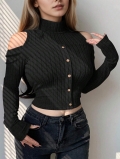 Women's Sexy Cold Shoulder Long Sleeve T-Shirt Mock Neck Ribbed Knit Top With Button Decor Slim Fit Casual Streetwear Crop Top For Ladies