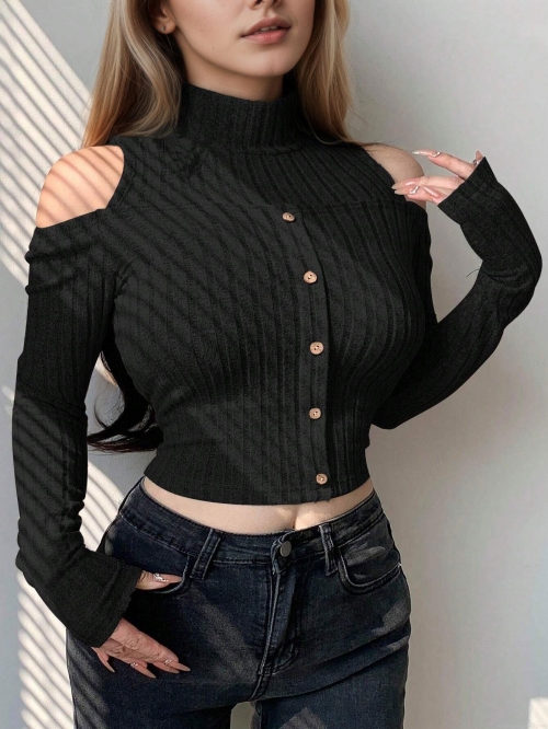 Women's Sexy Cold Shoulder Long Sleeve T-Shirt Mock Neck Ribbed Knit Top With Button Decor Slim Fit Casual Streetwear Crop Top For Ladies