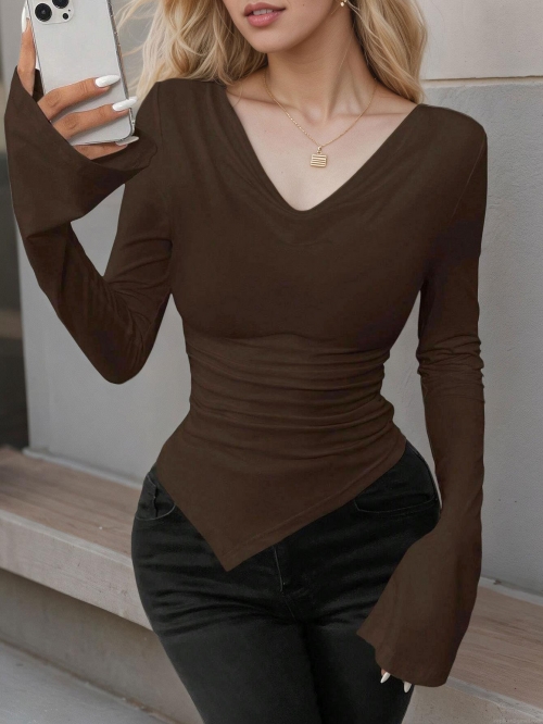 Women's Sexy V-Neck Long Sleeve T-Shirt Ruched Waist Slim Fit Irregular Hem Polyester Solid Color Basic Top For Daily Dating Clubwear Hot Girl Aesthetic