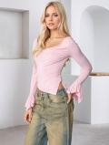 Sexy Off-Shoulder Irregular Hem Pink T-Shirt Women Flare Long Sleeve Slim Fit Solid Milk Silk Top Party Clubwear Fashion Tee