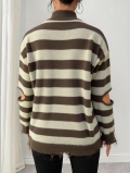 Women's Oversized Striped Knit Sweater 100% Polyester Half Zip Stand Collar Distressed Ripped Hem Cutout Elbow Long Sleeve Mid-Length Pullover Top