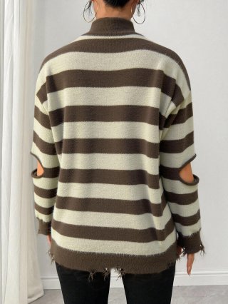Women's Oversized Striped Knit Sweater 100% Polyester Half Zip Stand Collar Distressed Ripped Hem Cutout Elbow Long Sleeve Mid-Length Pullover Top